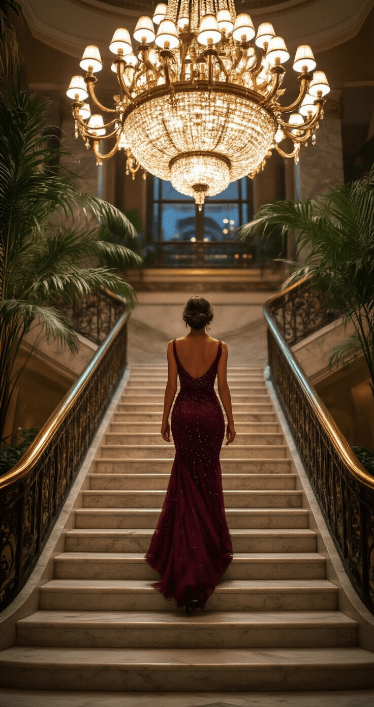 A woman in a burgundy beaded cocktail dress ascends a grand marble staircase in a sophisticated hotel lobby at twilight, with her dress sparkling in the warm chandelier light. The scene features art deco architectural details, potted palms, and polished brass railings, captured dramatically from below.