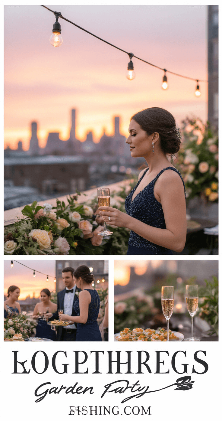 A glamorous rooftop garden party at sunset featuring a woman in a navy beaded cocktail dress mingling with well-dressed guests, illuminated by string lights and surrounded by floral arrangements, with a backdrop of a pink-orange sky and urban skyline. Crystal champagne flutes and hors d'oeuvres enhance the elegant atmosphere, captured with a telephoto lens for a soft bokeh effect.