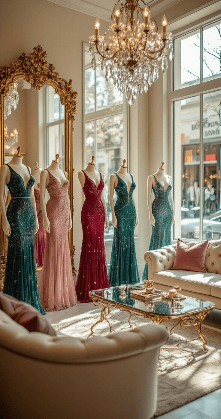 A high-end boutique interior featuring natural light illuminating jewel-toned beaded cocktail dresses displayed on luxury mannequins, with coordinating accessories. The setting includes plush seating, gilded mirrors, and crystal lighting fixtures, captured in a wide-angle shot.