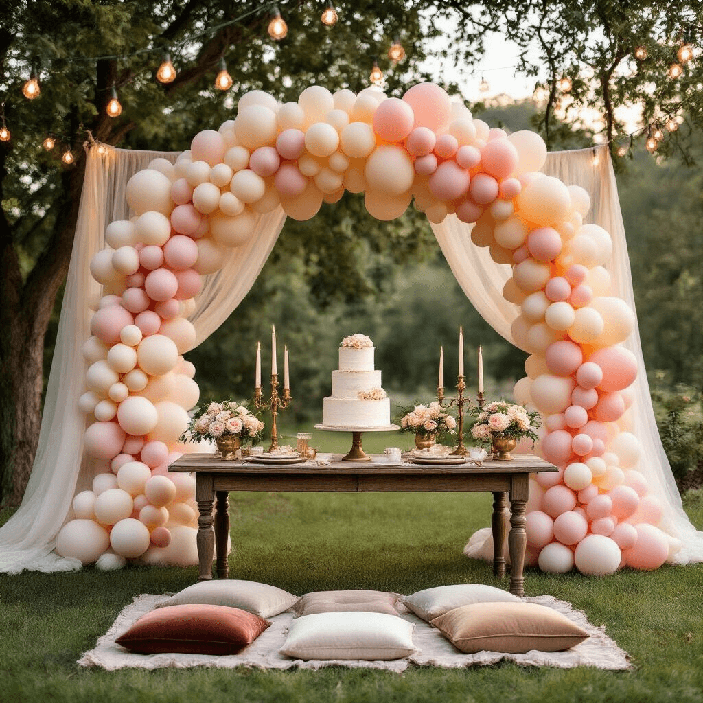 Birthday Balloons Aesthetic: Transform Your Celebration with Stunning Balloon Decor A whimsical outdoor birthday celebration at golden hour, featuring an ombré balloon arch in blush pink to cream framing a rustic wooden dessert table with a tiered naked cake and vintage brass candelabras, surrounded by garden roses. Soft tulle drapes from trees and bistro lights twinkle overhead, while a low table with velvet cushions is set for an intimate picnic with gold-rimmed place settings and calligraphy place cards.