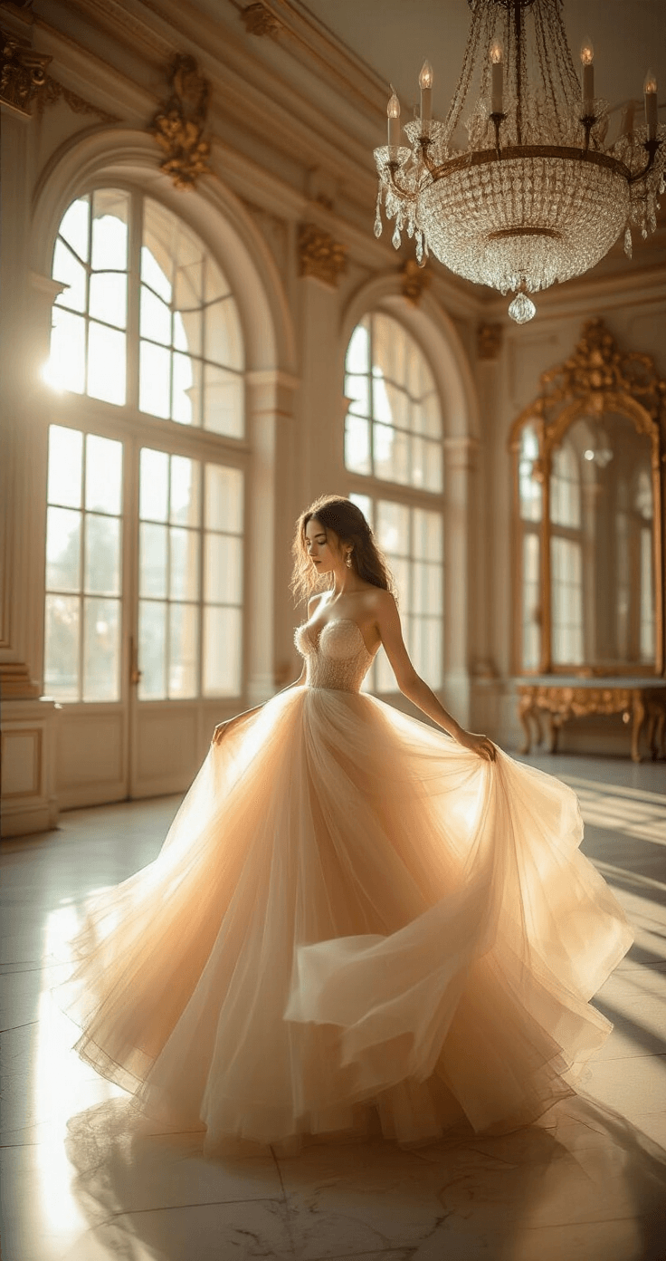 Model twirls in a champagne-colored multi-layered tulle ball gown in a grand ballroom during golden hour, with sunlight filtering through delicate fabric layers and illuminating the 20-foot ceilings and ornate mirrors.