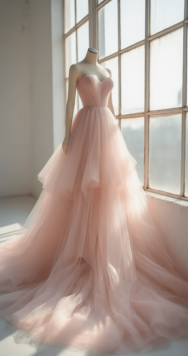 Close-up of a dusty rose tulle dress layers with intricate textures and crystalline beading, featuring a strapless supportive bra peeking through, in a minimalist white photography studio illuminated by morning light through industrial windows. Professional lighting with soft boxes highlights fabric pleats and shadows, captured with a macro lens at f/2.8.