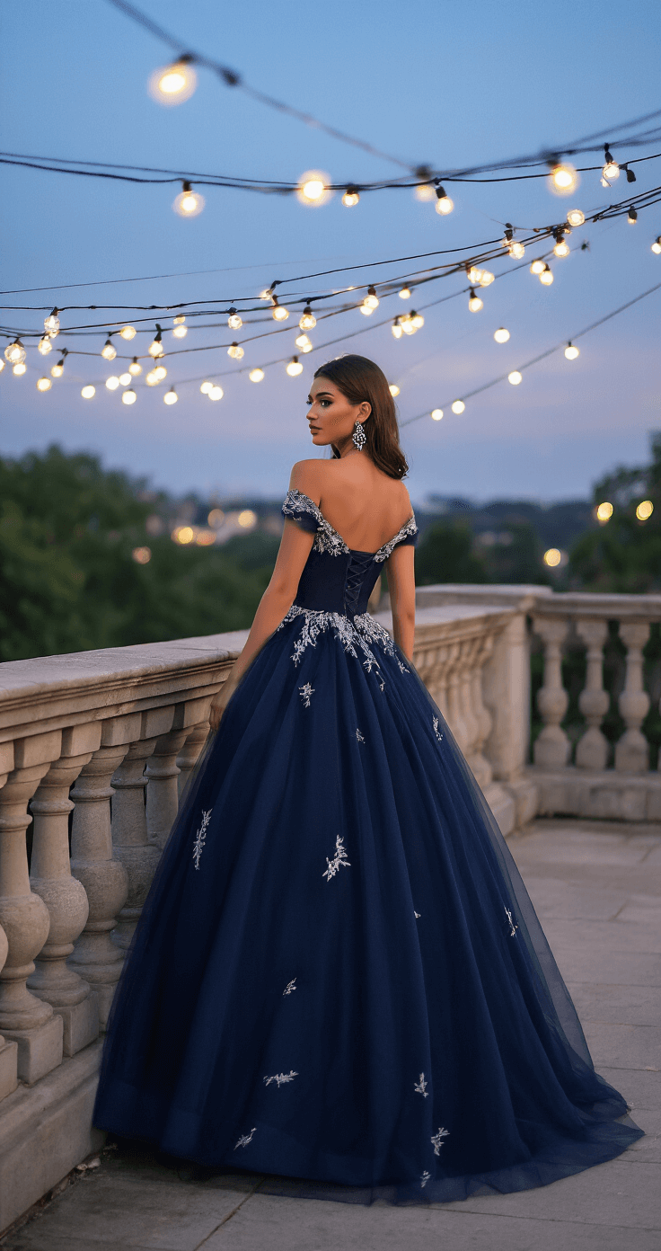 A model in a navy tulle ball gown with silver accents poses elegantly near a stone balustrade on a garden terrace at dusk, with string lights creating a bokeh effect. Minimal jewelry, including statement drop earrings that catch the evening light, complements the look, while comfortable yet elegant heels are partially visible beneath the dress hem. The shot is taken from an elevated angle, showcasing the full silhouette of the dress against a dusky sky.