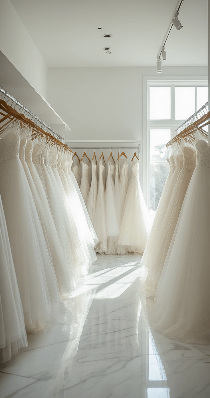 Modern bridal boutique interior showcasing multiple tulle dresses elegantly displayed on premium hangers, with a focus on professional steam cleaning equipment under afternoon natural light. The cool white interior and marble floors reflect intricate details of the gowns in a high key commercial photography style.