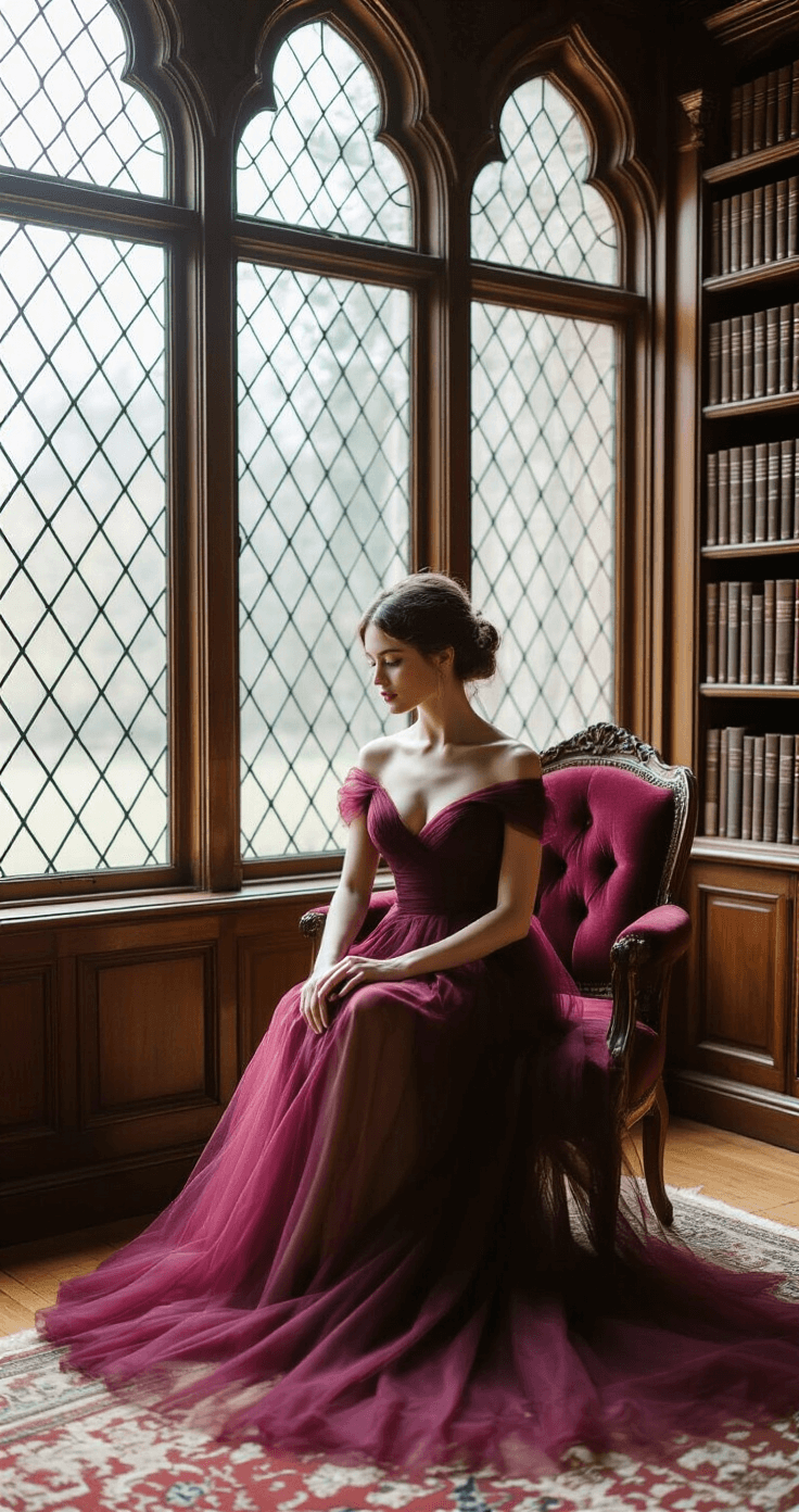A model in a burgundy tulle gown demonstrates proper sitting technique on a vintage velvet chair in a historic mansion library, with late morning light filtering through leaded glass windows, surrounded by rich wood paneling and leather-bound books.