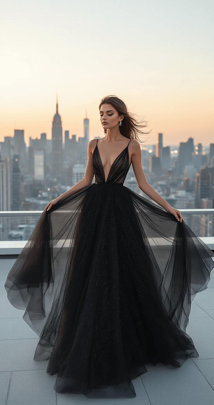 A model in a black tulle ball gown with sparkling layers poses on a contemporary rooftop venue at magic hour, with the urban skyline behind her. Wind gently lifts the dress while her hair is perfectly styled. Minimal metallic accessories enhance the look without overpowering. The shot is captured from a dramatic high angle, showcasing the twinkling city lights below in a cinematic wide-angle composition.