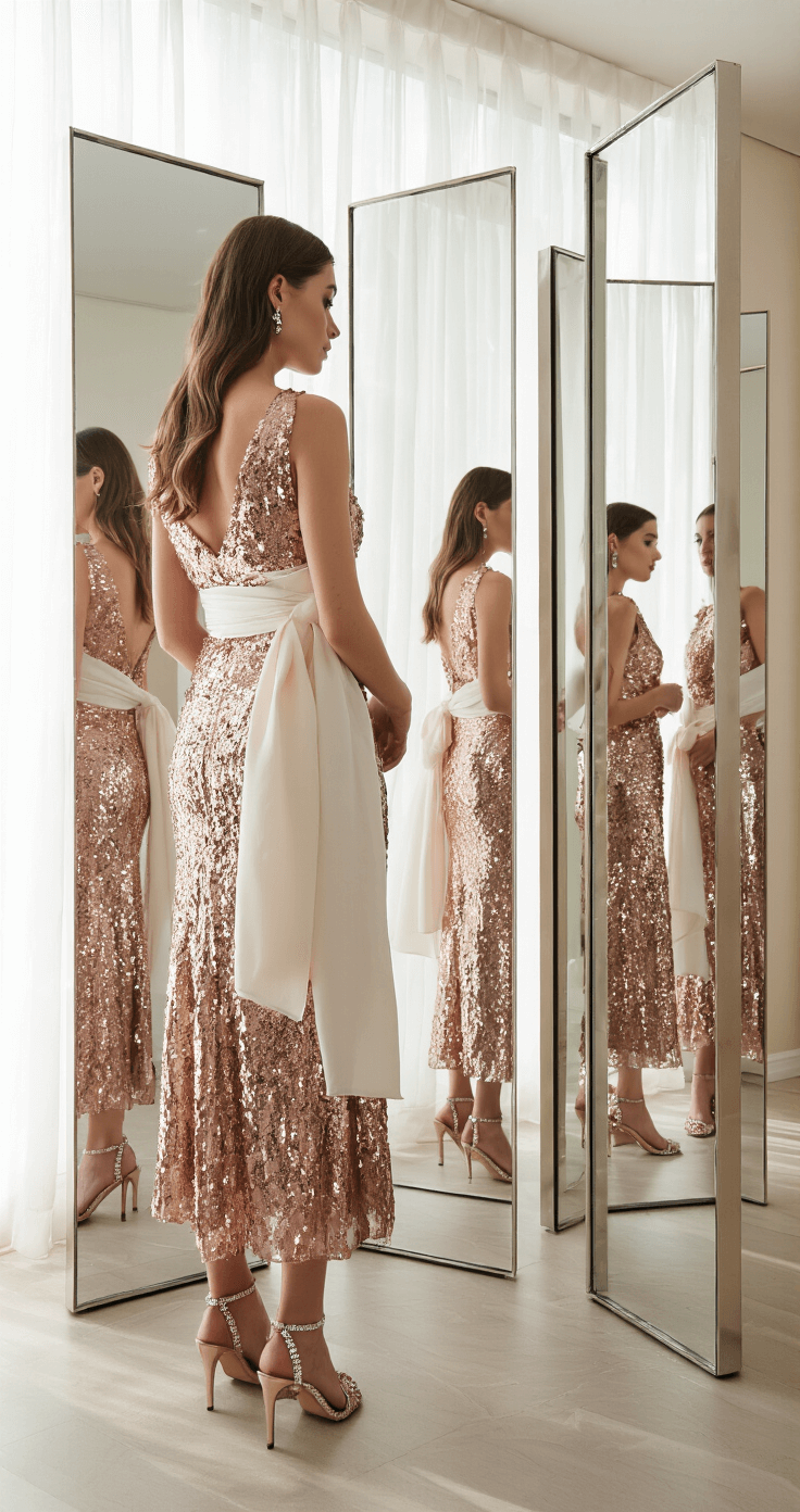 A bride-to-be in a rose gold sequin midi dress stands before triple full-length mirrors in a modern bridal boutique, with a delicate ivory wrap over her shoulders and crystal-embellished heels. Natural light filters through sheer curtains, enhancing the shimmering sequins.