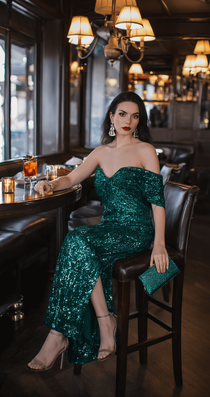 A woman in an emerald green sequin midi dress sits at a high-top table in a luxe restaurant bar during blue hour, with a Manhattan cocktail and small evening clutch on the dark wood surface, all highlighted by moody lighting and a shallow depth of field.