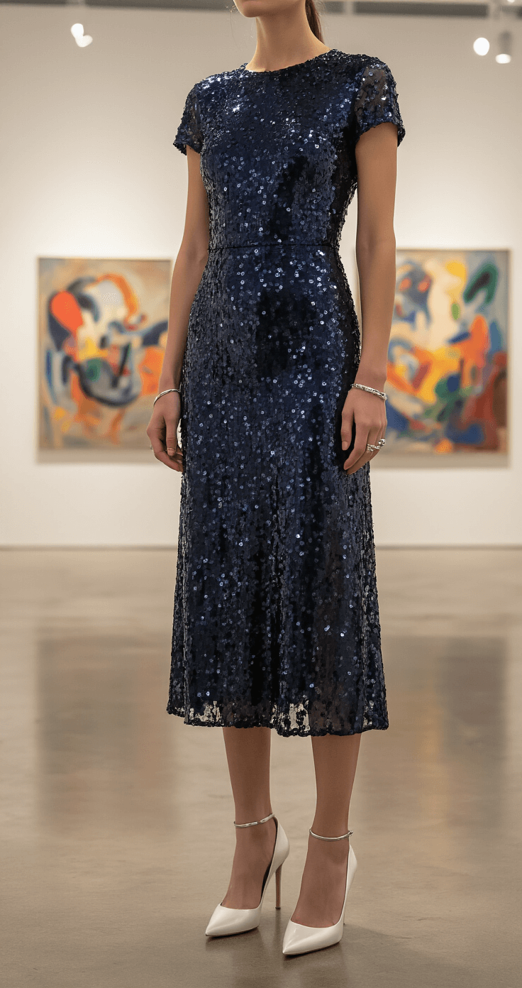 A fashion editor in a navy sequin midi dress stands among abstract paintings at a contemporary art gallery opening, with minimal silver jewelry and classic white pumps. Gallery spot lighting highlights the sequins against the colorful artwork, captured in a documentary style.