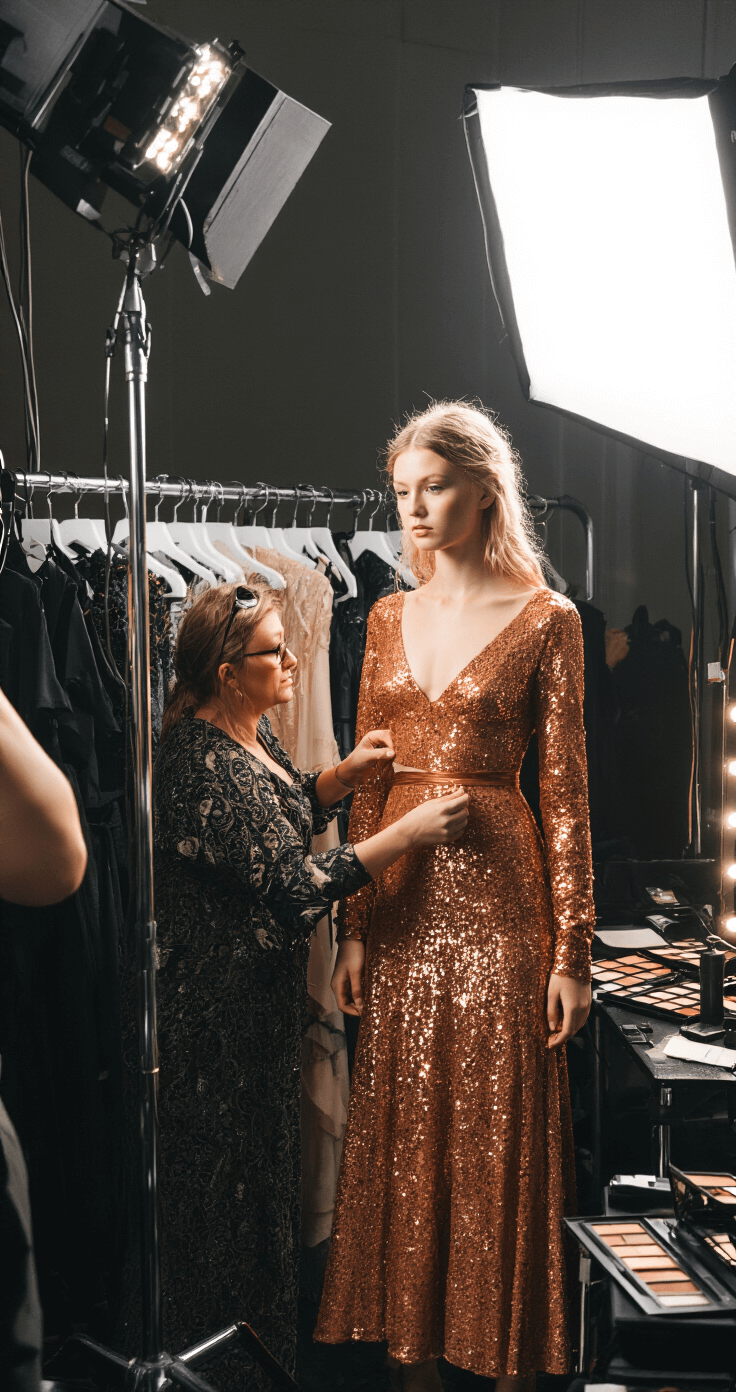A stylist adjusts a copper sequin midi dress on a model backstage at a fashion show, surrounded by clothing racks and makeup stations, with professional lighting creating dynamic shadows and sparkle effects.