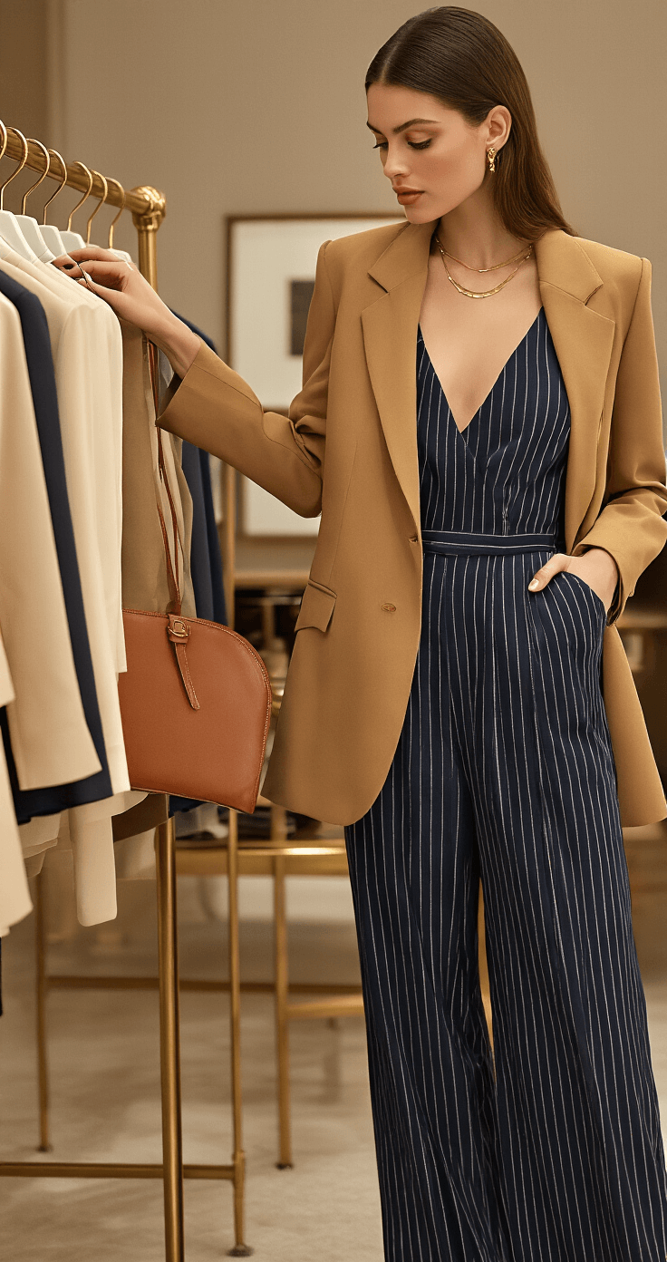 A model in a navy pinstripe wide-leg jumpsuit and camel blazer inspects clothing on a minimal brass rack, showcasing pointed-toe slingbacks, a leather portfolio clutch, and delicate gold jewelry in a luxury boutique with warm ambient lighting.