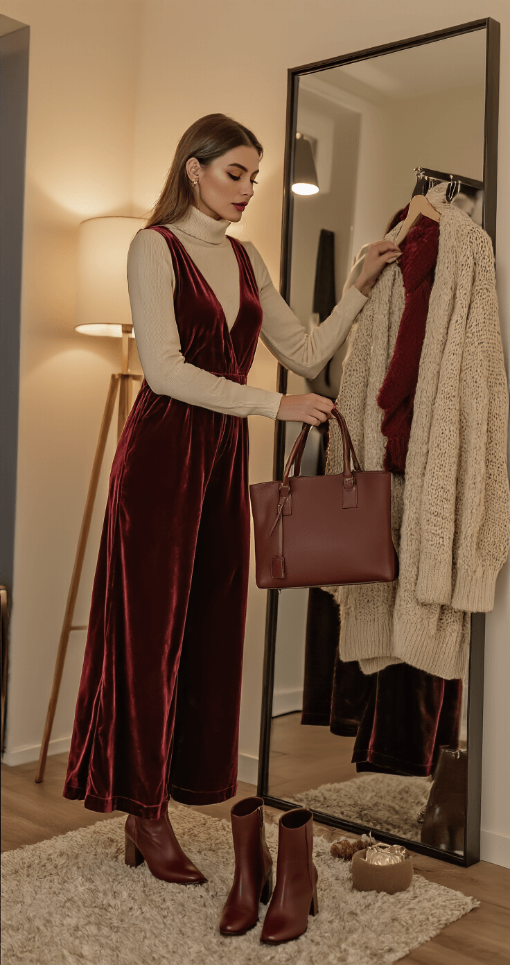 Model in a burgundy velvet wide-leg jumpsuit layered with a cream turtleneck, arranging winter accessories like leather ankle boots and a chunky knit cardigan near a floor mirror in a cozy high-end apartment interior at dusk, illuminated by warm artificial lighting.