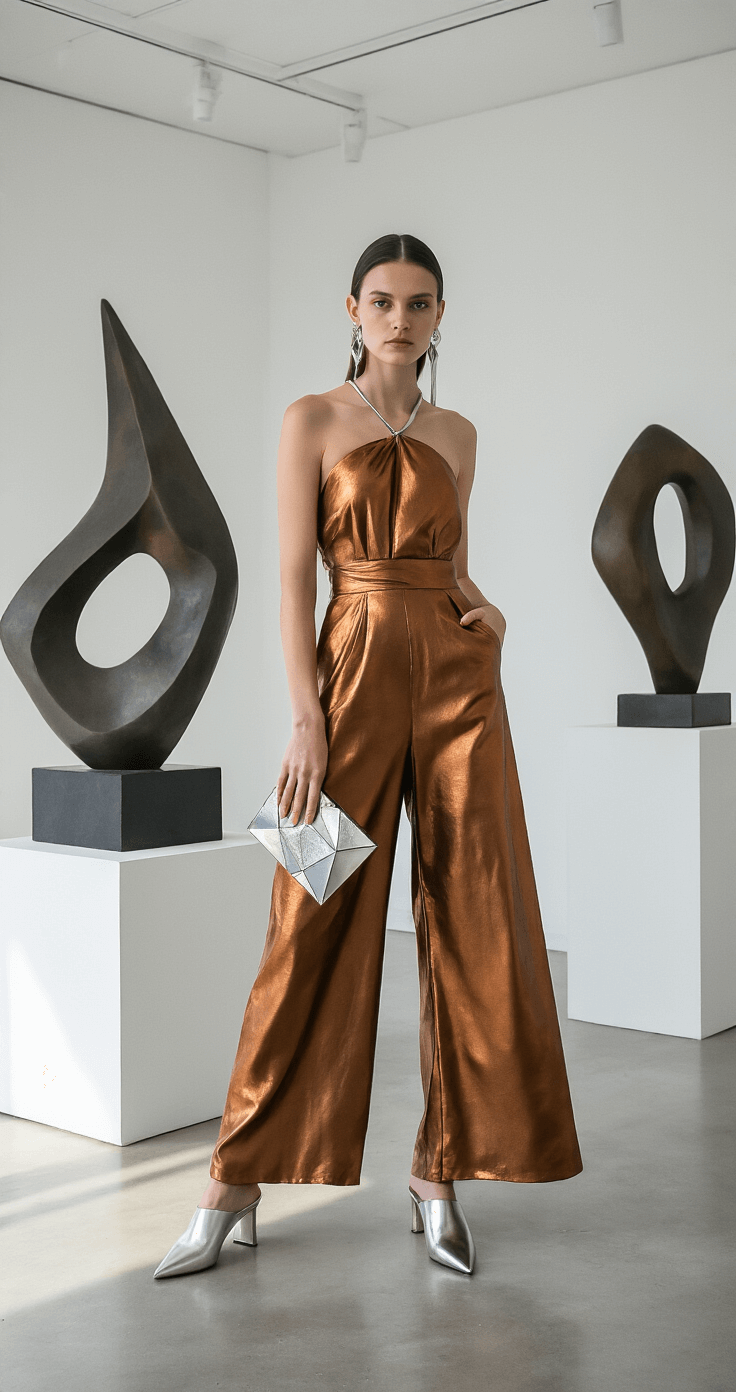 Model in a metallic bronze wide-leg jumpsuit poses between abstract sculptures in a modern art gallery with white walls and polished concrete floors, styled with architectural silver jewelry, pointed metallic mules, and a geometric clutch, illuminated by dramatic gallery lighting.