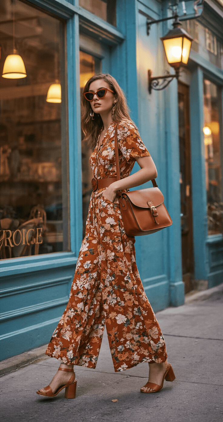 A model in a floral print wide-leg jumpsuit walks past a vintage-inspired cafe during blue hour, styled with cat-eye sunglasses and a leather satchel, as warm street lamp light highlights her figure.