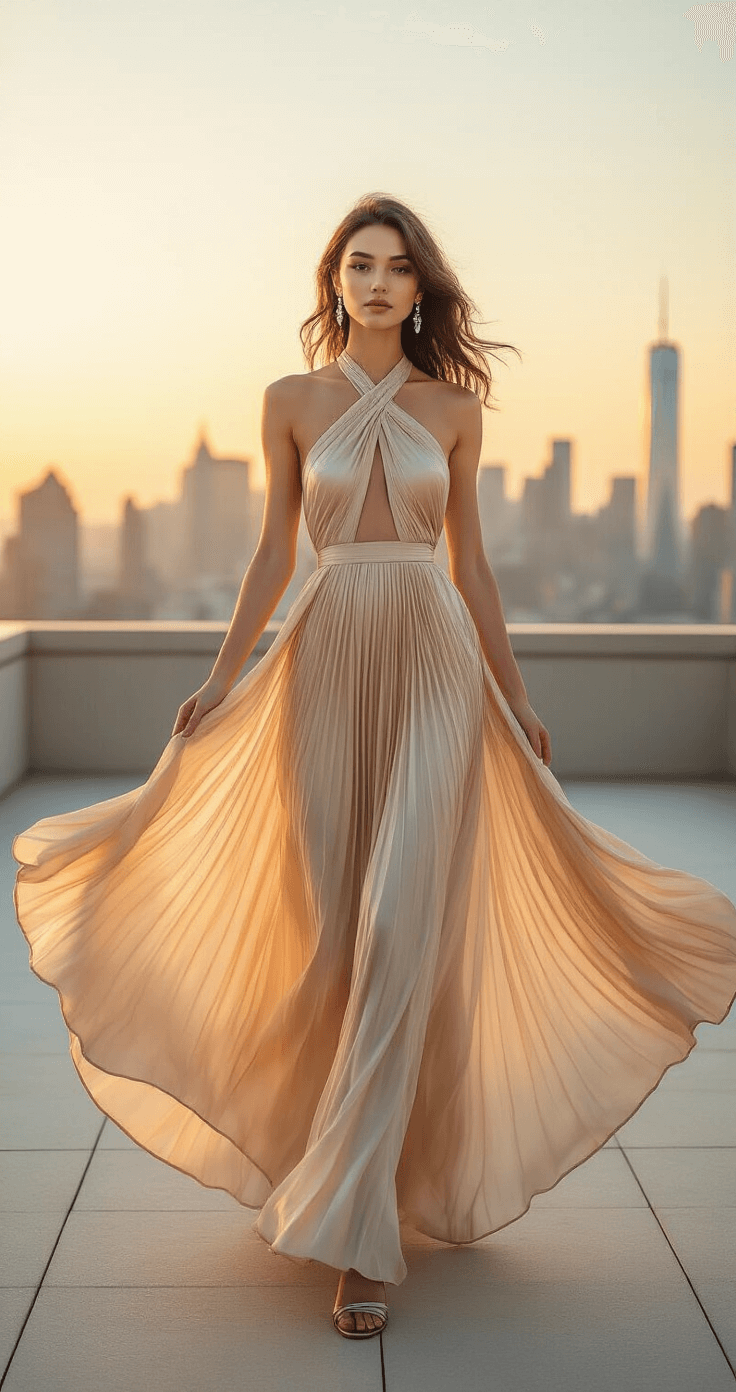 Model in a flowing champagne-colored pleated halter-neck gown poses on a rooftop during sunset, with a modern city skyline behind her. The gown billows in the breeze, complemented by delicate crystal drop earrings and metallic strappy sandals. Her hair falls in elegant loose waves and natural makeup enhances her features, all captured with warm ambient lighting and a soft background focus.
