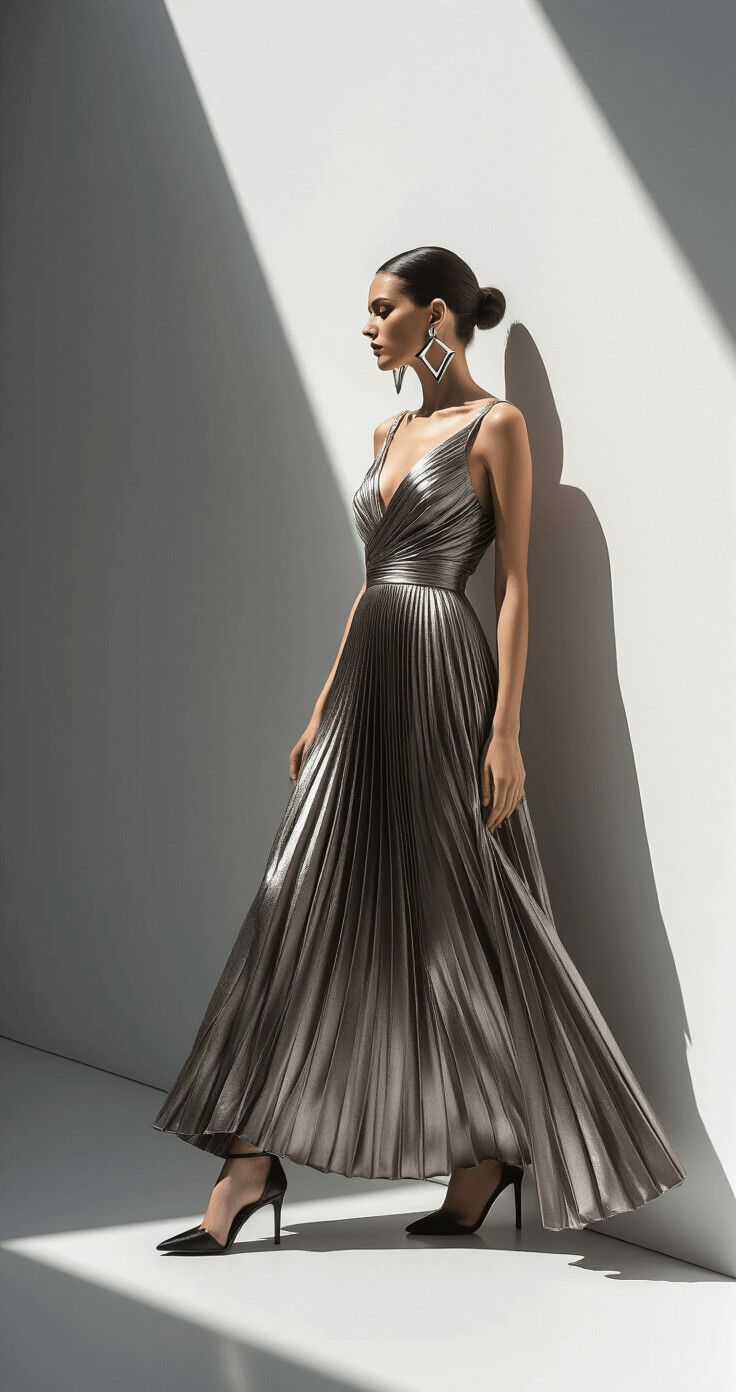 Model in a metallic pewter pleated gown posing against stark white walls, with dramatic side lighting casting shadows across the dress, featuring geometric earrings, a sleek low bun, and minimal black stilettos, captured from a low angle to highlight the gown's length and movement in a clean, contemporary composition.