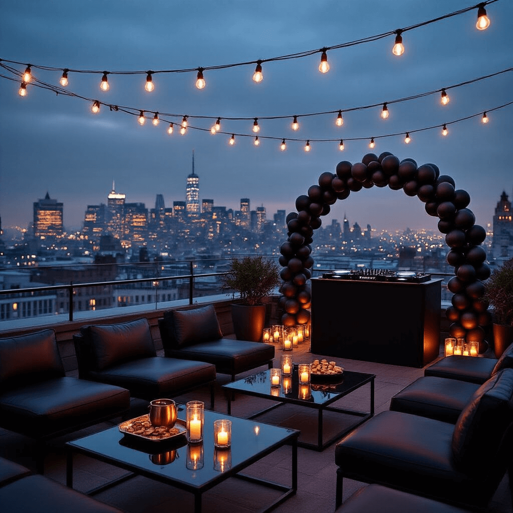 An intimate rooftop terrace at night with a cityscape backdrop, featuring soft string lights, low black leather lounge chairs, a DJ booth with a matte balloon arch, metallic accents, and flickering candles, creating a dark and luxurious atmosphere.