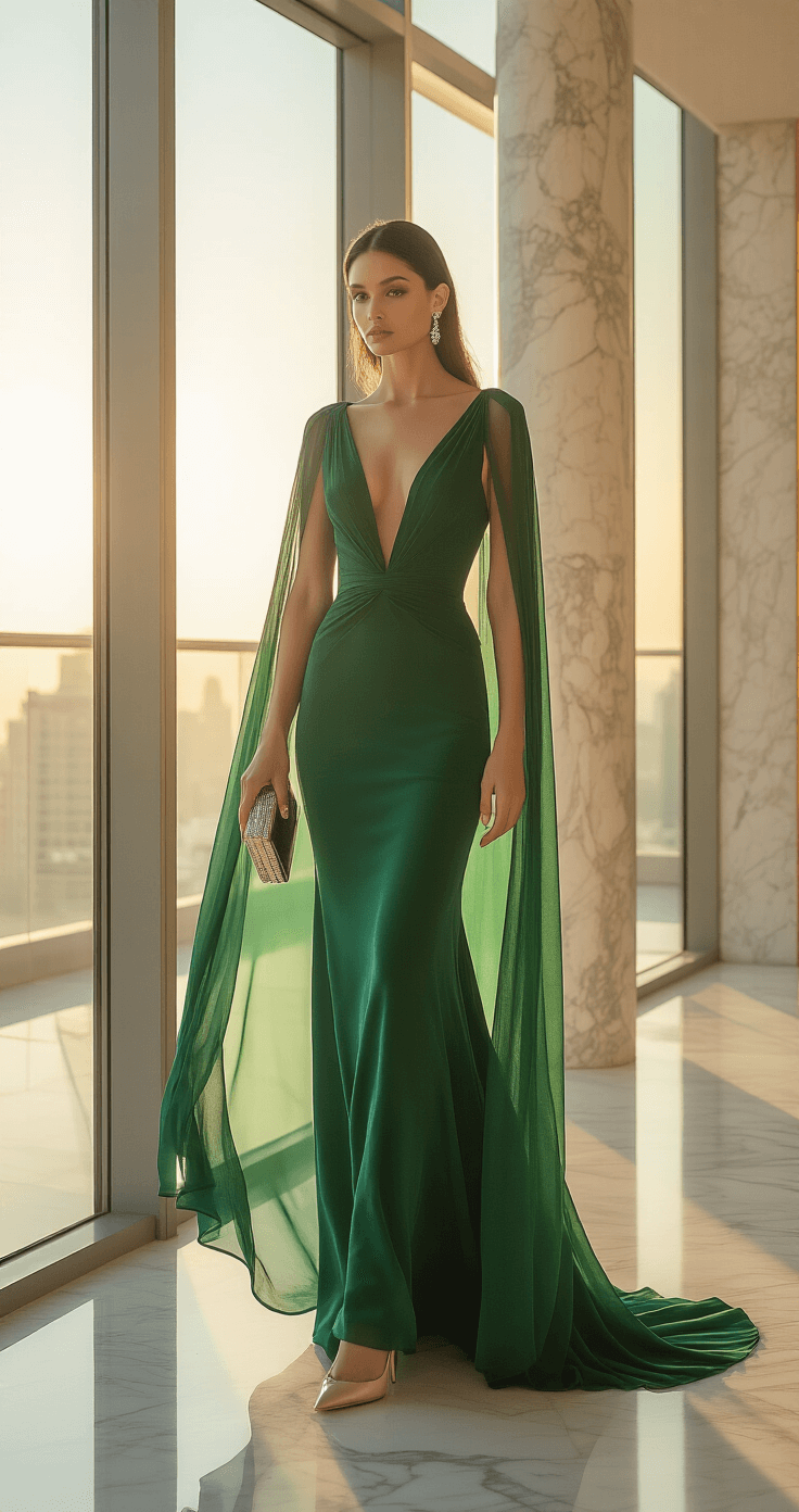 A model in an emerald green cape-style gown stands in a sunlit modern penthouse apartment, with floor-to-ceiling windows casting golden hour light across the marble floor. The chiffon cape billows softly around her, while minimal diamond drop earrings and a metallic clutch enhance her elegant look.