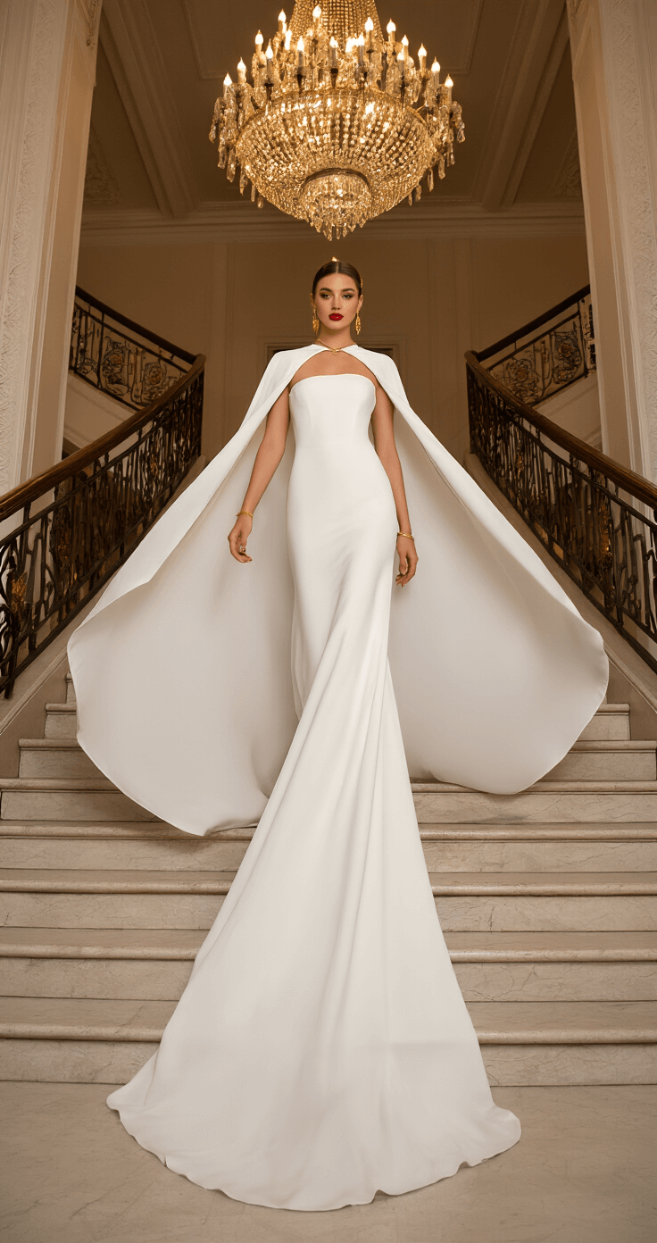 Model descending a grand staircase in an elegant hotel ballroom, wearing a floor-length white crepe dress with a dramatic cape, complemented by minimal gold jewelry and classic red lipstick, captured from above to highlight the cape's movement amidst natural and warm indoor lighting.
