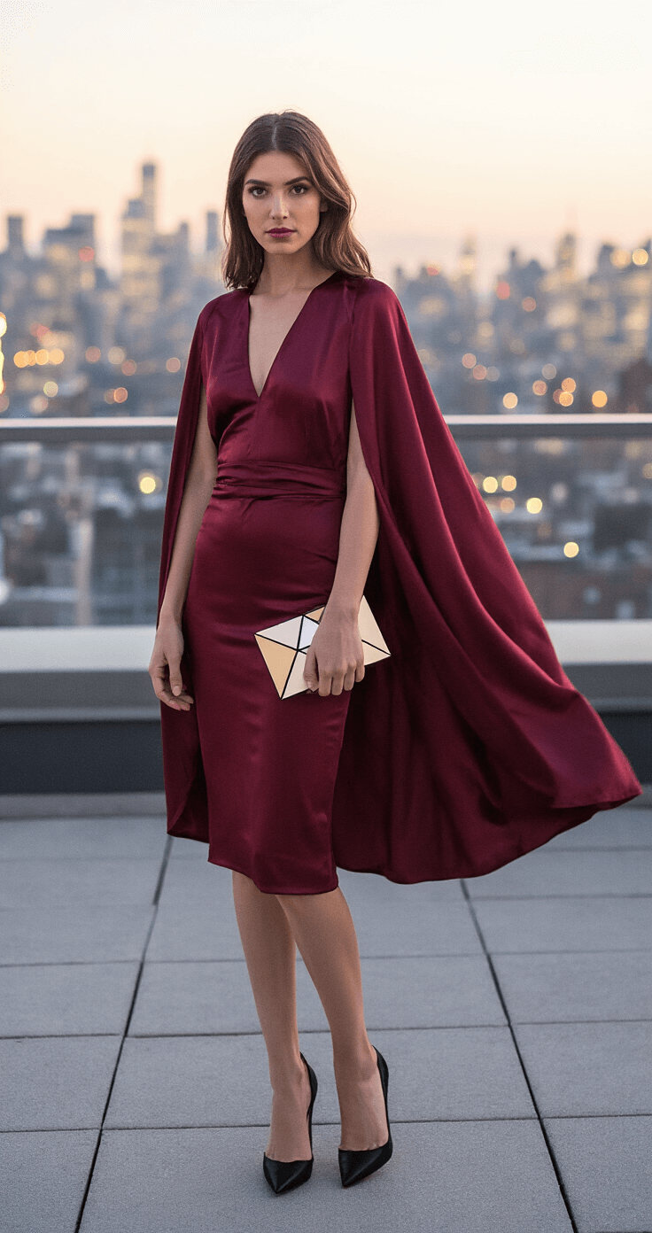 A woman in a burgundy silk cape-style cocktail dress poses in an urban rooftop garden at twilight, with twinkling city lights in the background. The midi-length cape billows gently in the breeze, complemented by black pointed stilettos and a geometric clutch. The image features a shallow depth of field highlighting the dress details.