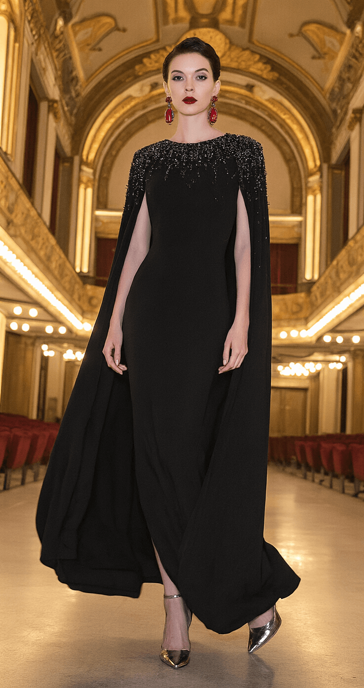 Opulent vintage theater lobby with art deco elements, featuring a model in a black fitted cape dress adorned with a beaded shoulder cape, statement ruby earrings, and metallic heels, captured in a wide architectural shot that highlights the grandeur of the space and the movement of the dress.