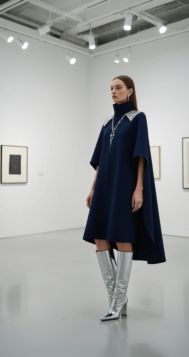 A fashion editor in a structured navy cape dress with architectural shoulders stands in a modern art gallery with minimalist white walls, accented by silver geometric jewelry and metallic boots, highlighting the dress's construction and movement under varied lighting.