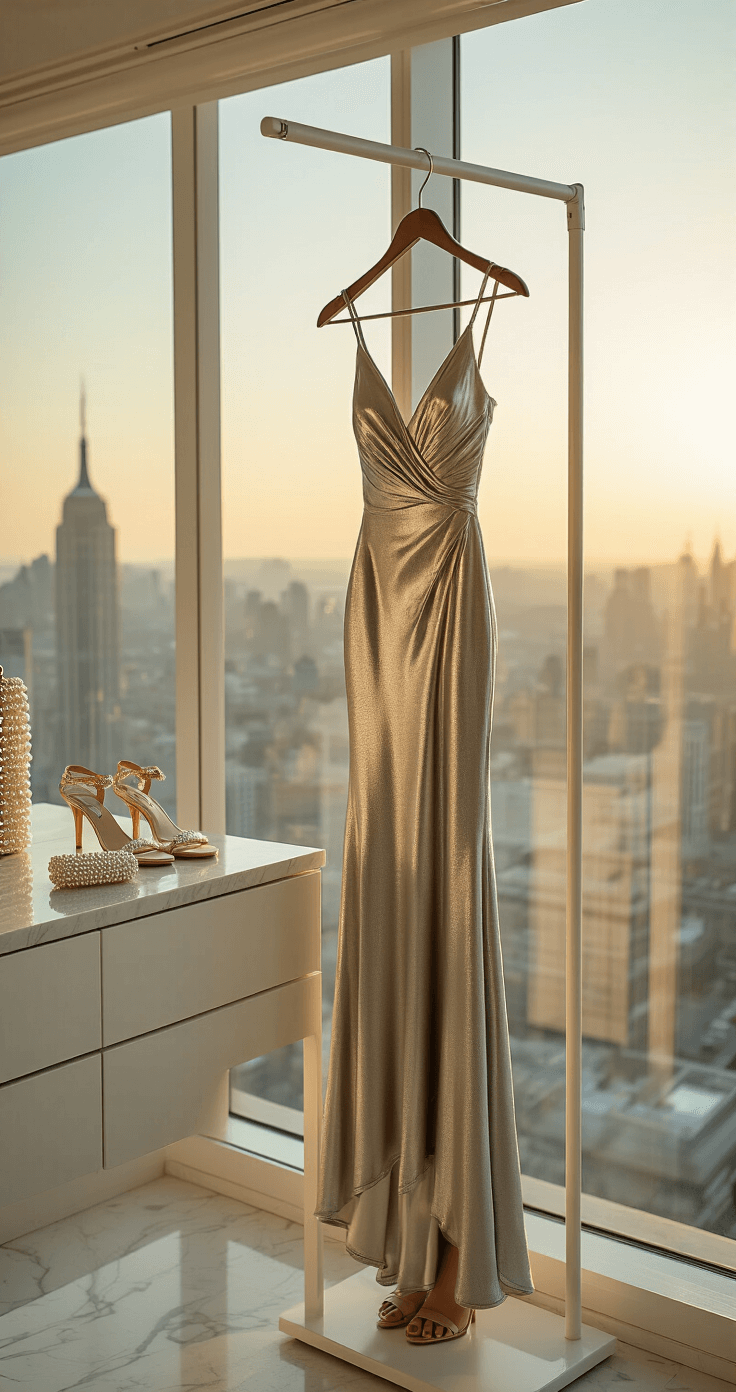 A sunlit penthouse dressing room features a sleek silver metallic sheath dress on a minimalist white stand, with a cityscape visible through floor-to-ceiling windows. A marble vanity displays silver drop earrings, strappy nude sandals, and a pearl clutch. The dress showcases subtle pleating and architectural seaming, illuminated by natural light that accentuates its texture.