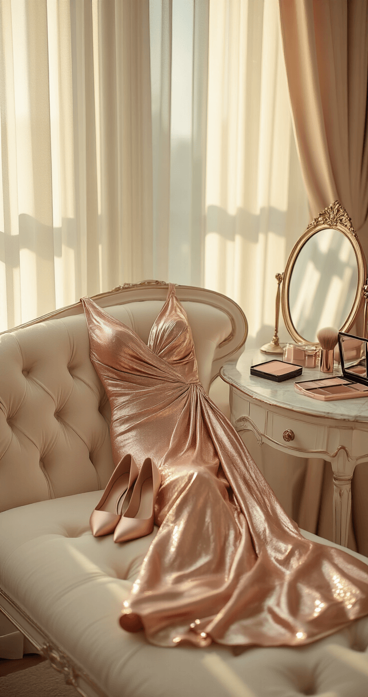 Intimate boudoir scene featuring a rose gold metallic sheath dress on a cream chaise lounge, with soft light filtering through sheer curtains, a vintage vanity mirror reflecting warm tones, nude makeup products and a Mason Pearson brush on a marble surface, and blush suede pumps below, captured at a 45-degree angle with dreamy bokeh.