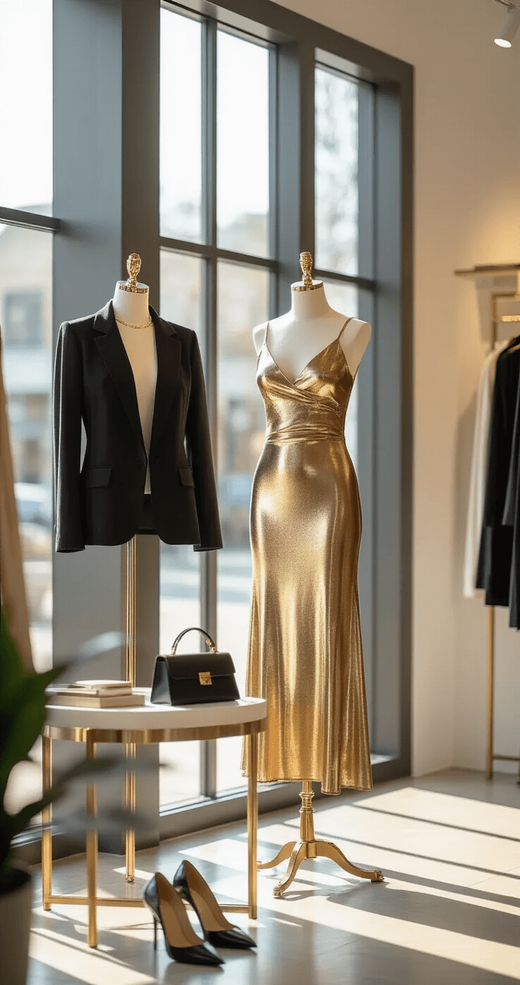 A modern retail boutique interior features a styling session at midday, showcasing a gold metallic sheath dress on a mannequin surrounded by a black cropped blazer, minimal gold jewelry, and classic black pumps, all illuminated by natural light from large windows and a professional lighting setup.