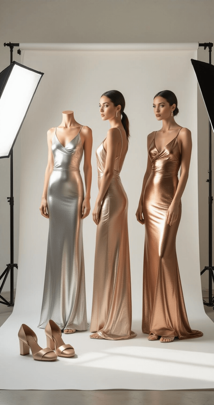 Behind-the-scenes shot of three metallic sheath dresses in silver, gold, and rose gold arranged on a white seamless backdrop, with neutral accessories and shoes, captured in morning light with a professional beauty lighting setup.