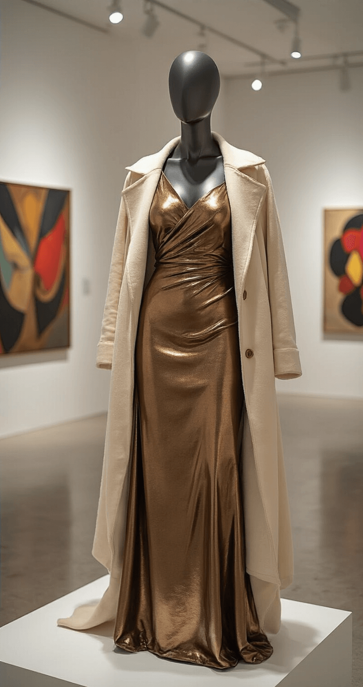 A full-length mirror reflection showcases a woman in a bronze metallic sheath dress paired with a cream wool coat, illuminated by spotlights creating dynamic shadows. Modern art pieces in the background add vibrant color, while the architectural composition highlights the styling details.