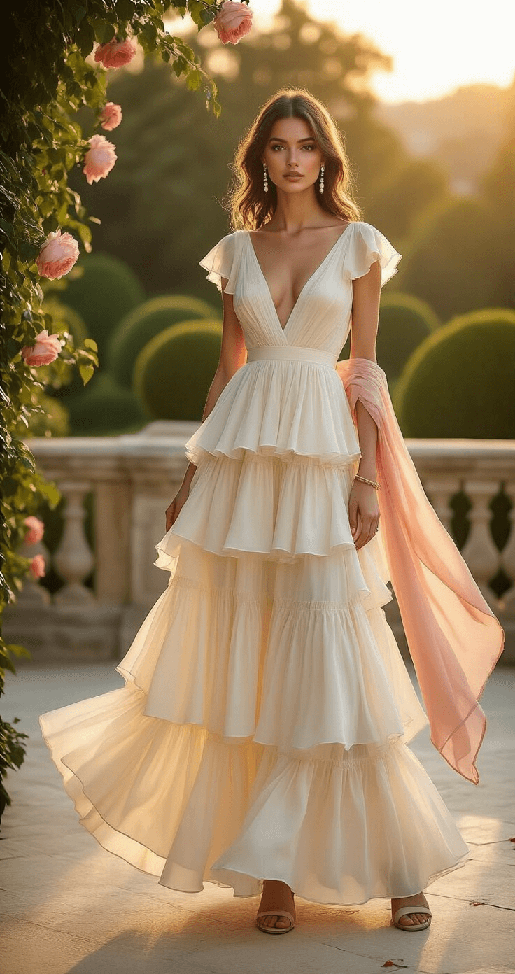 A model in a flowing ivory silk tiered ruffle maxi gown stands on a stone terrace during sunset, showcasing golden hour lighting that highlights the gown's delicate layers. The dress has champagne undertones and feminine cap sleeves, complemented by pearl drop earrings and a thin gold bracelet. Nude block heel sandals are visible beneath the gown's hem, while a blush pink chiffon shawl drapes elegantly over her arm. The shot is from a low angle, capturing the movement of the dress with climbing roses and manicured topiaries softly blurred in the background.