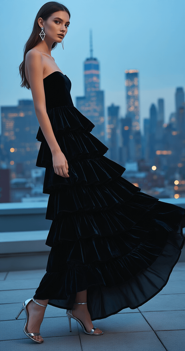 Close-up of a model wearing a black velvet tiered ruffle maxi dress in an urban rooftop setting at blue hour, showcasing the dress's dramatic tiers and shadows, paired with silver geometric earrings and metallic heels, against a backdrop of twinkling city lights.