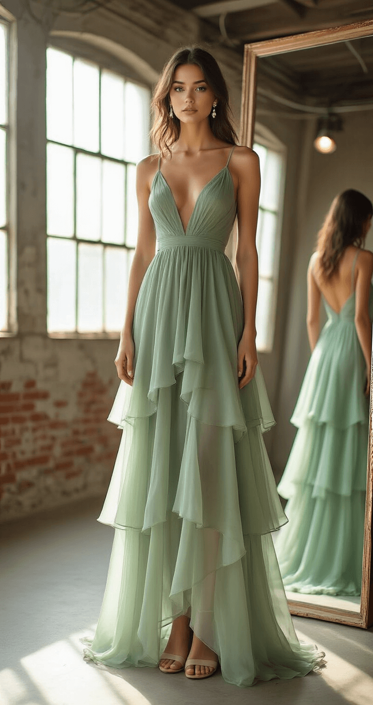 Full-length mirror shot of a model trying on a sage green chiffon tiered maxi dress in a bright studio, with soft natural light illuminating the dress's layers. Simple pearl stud earrings and nude sandals complete the look, while behind-the-scenes elements like dress clips and measuring tape are artfully arranged.