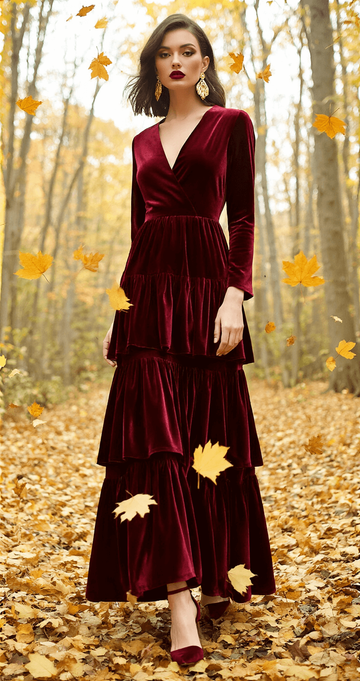 A tiered burgundy velvet maxi dress in a fall woodland, adorned with scattered golden leaves, complemented by statement gold earrings and matching block heels. The model's vintage-inspired makeup features a burgundy lip, captured from ground level through falling leaves, with natural lighting enhanced by a gold reflector.