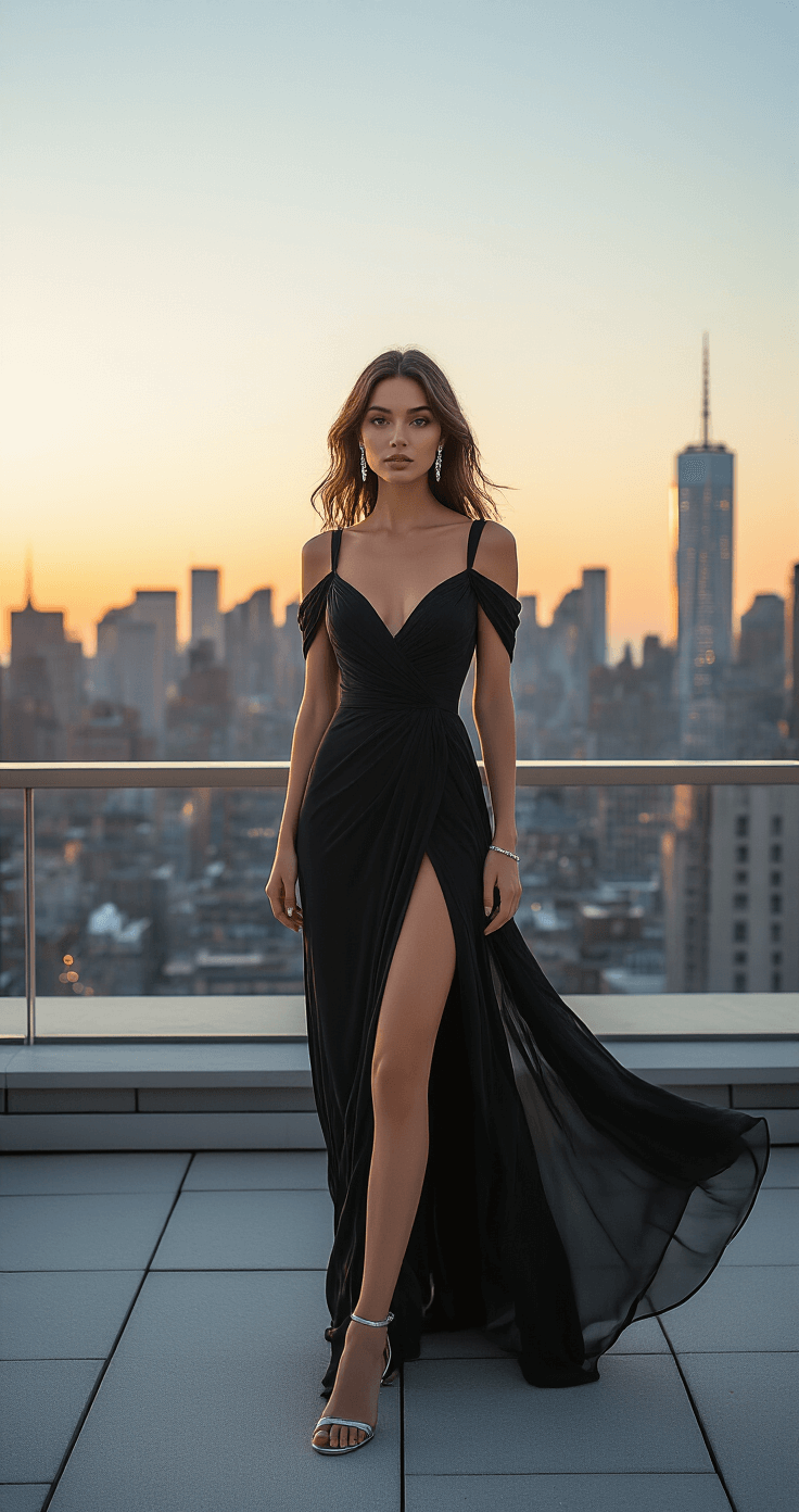 Elegant rooftop terrace at golden hour featuring a model in a flowing black cold-shoulder evening gown against the Manhattan skyline, with soft sunset light reflecting off luxurious silk chiffon, accented by diamond drop earrings and a delicate silver bracelet, as city lights begin to twinkle in the background.