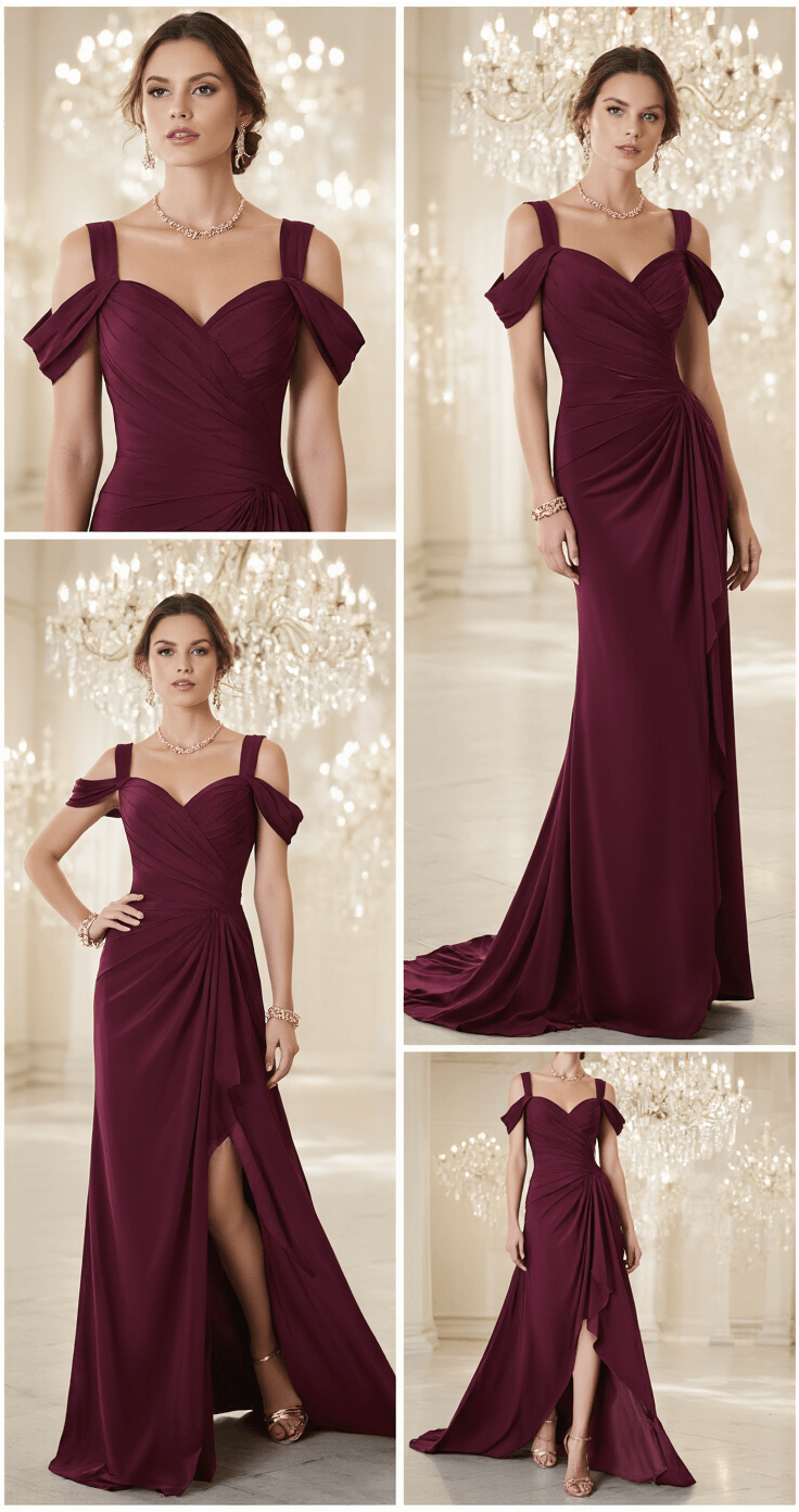Opulent ballroom scene featuring a model in a dramatic burgundy cold-shoulder gown with a sweeping train, captured in motion, showcasing intricate draping and asymmetrical details, complemented by rose gold accessories and an elegant updo, with ambient lighting reflecting off crystal chandeliers.