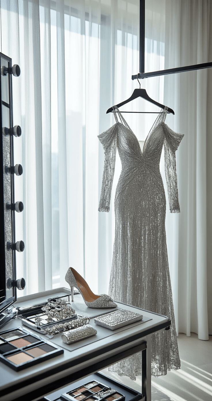 A stylish modern penthouse dressing room bathed in diffused daylight, showcasing a silver sequined cold-shoulder gown on a designer rack, surrounded by crystal-encrusted shoes, a diamond jewelry suite, and a metallic evening clutch, with a well-equipped makeup station in the background, all captured in a wide lifestyle editorial shot.