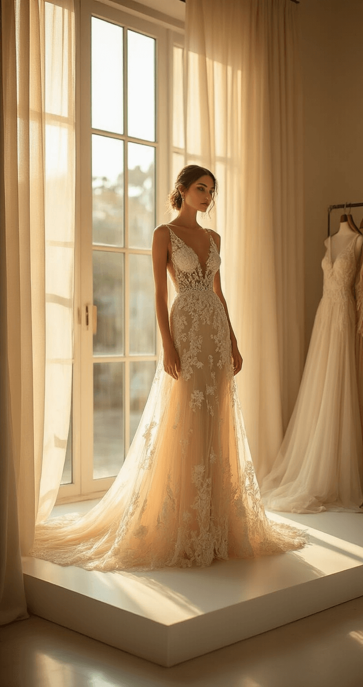 A model fitting in a sunlit bridal boutique, wearing a champagne-colored embroidered mesh gown with floral detailing, illuminated by golden hour light streaming through sheer curtains, with a blurred background emphasizing the gown's intricate beadwork.