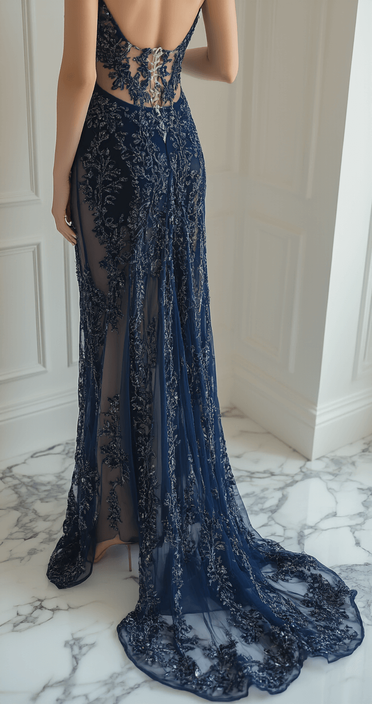 Close-up of nude mesh shapewear styled under a midnight blue embroidered gown in a minimalist dressing room with marble floors and white walls, highlighting intricate beadwork and fabric texture under professional lighting.