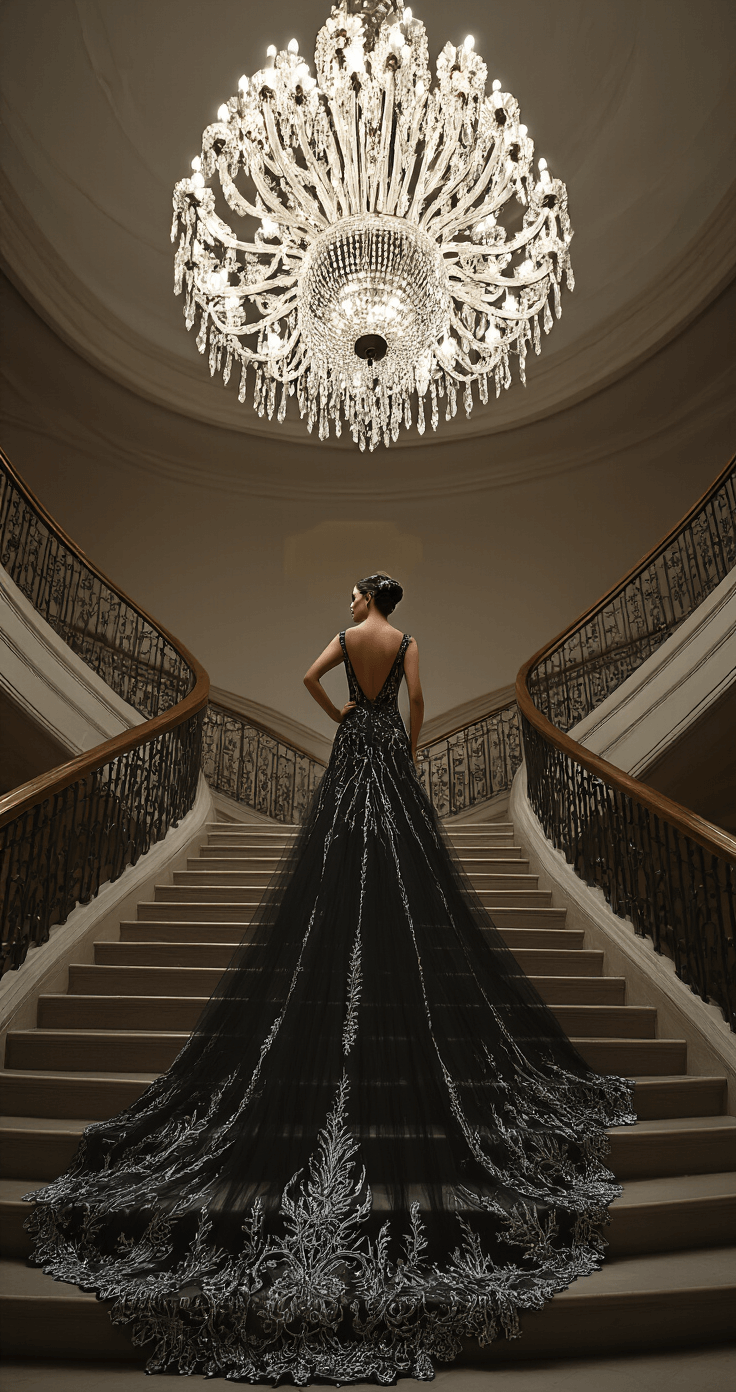 A woman in a black mesh gown with silver embroidery ascends a curved staircase in a grand ballroom, illuminated by an overhead crystal chandelier. The shot is taken from below, showcasing the architectural details and dramatic evening lighting that highlights the gown's beaded elements.