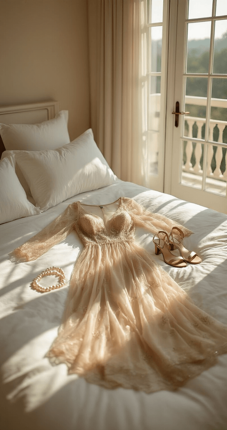 A sunlit master bedroom features French doors leading to a balcony, with an embroidered champagne mesh gown laid flat on white bedding. Surrounding the gown are pearl drop earrings, a silk nude slip, and metallic strappy sandals, all illuminated by soft morning light casting natural shadows. The image is captured from an overhead perspective using a 50mm lens.