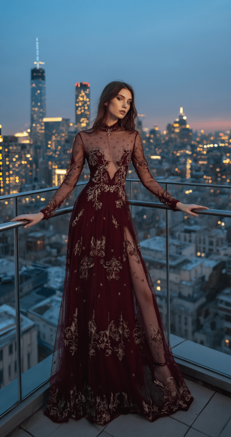 Model in a burgundy mesh gown with Victorian-inspired embroidery poses on an urban rooftop terrace at twilight, with twinkling city lights in the background and a modern glass railing, illuminated by a mix of city glow and professional strobes.