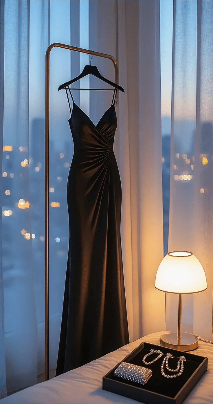 A modern minimalist bedroom at dusk featuring city lights visible through sheer curtains, with a black asymmetrical satin dress on a brass clothing rack, accompanied by a pearl-studded clutch, silver chains, and crystal studs on a velvet jewelry tray, all softly illuminated by a designer table lamp.