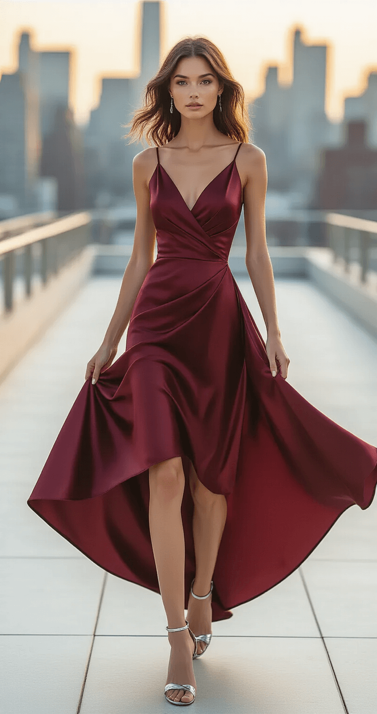 Model on an outdoor rooftop terrace during magic hour, wearing a burgundy asymmetrical satin dress that flows in the breeze, with loose wavy hair and subtle makeup; urban skyline backdrop; shot from below to highlight the dress's hemline and sky, using an 85mm lens for bokeh.