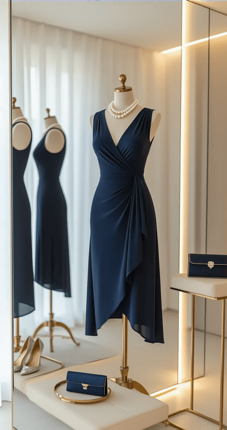 Close-up of a modern minimalist dressing room featuring a navy wrap dress on a cream mannequin, highlighting a V-neckline and draping. A statement pearl necklace rests on a brass jewelry stand, while an evening clutch and metallic heels are arranged artistically nearby. The scene is illuminated by diffused natural light through sheer curtains, with an emphasis on fabric texture.