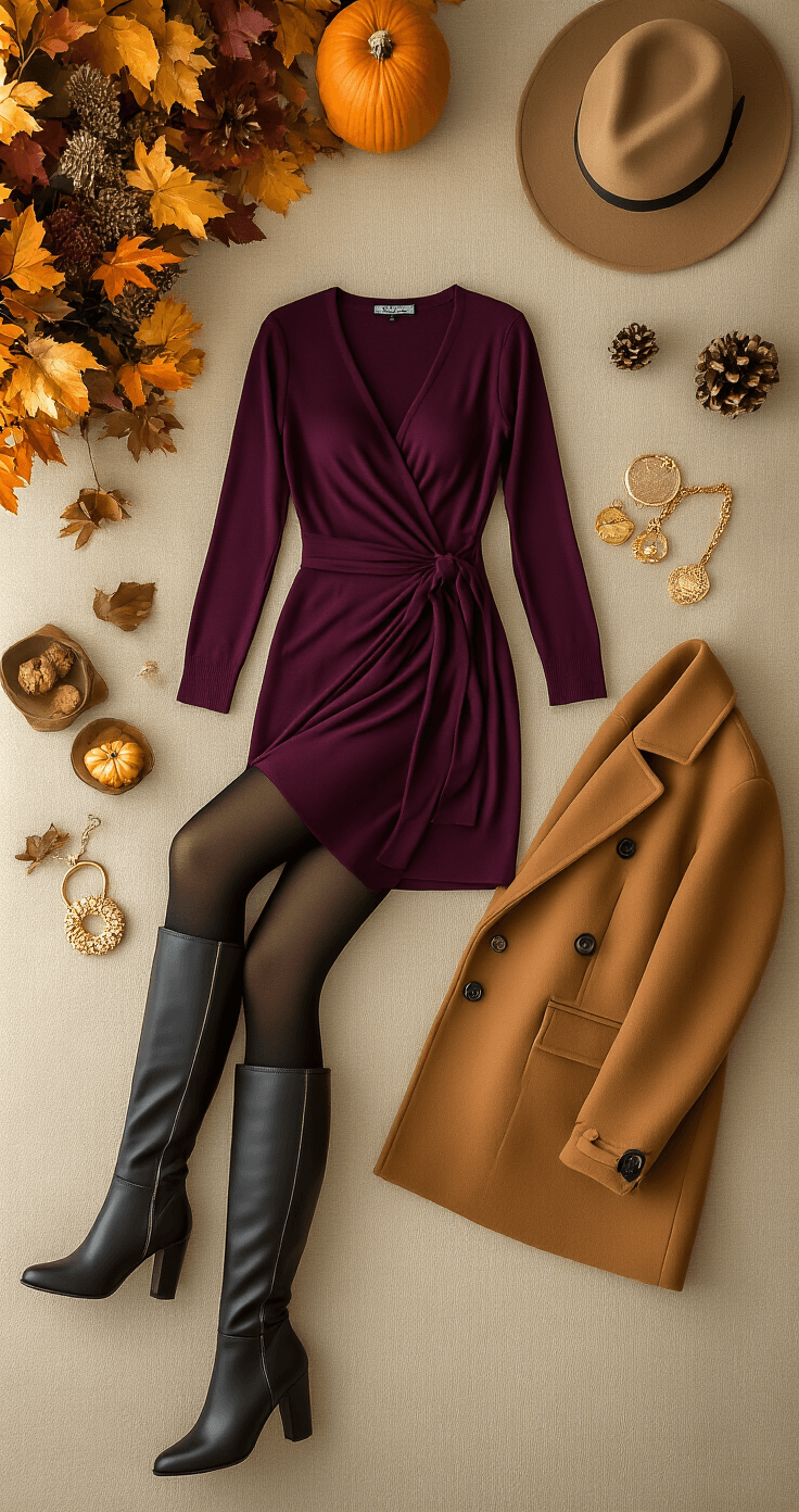 Cozy boutique interior featuring a deep plum wrap dress with opaque black tights and knee-high boots, complemented by a camel coat, gold-tone accessories, and warm ambient lighting, shot from above in lifestyle editorial style.