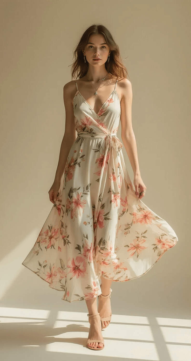 A full-length portrait of a model twirling in a floral print wrap dress with soft pastel tones, depicted in a bright and airy studio space. The midday sun casts clean shadows, highlighting nude strappy sandals and delicate silver jewelry, showcasing a seasonal transition.