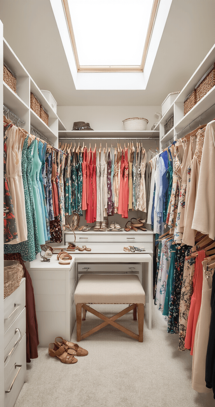 A spacious, light-filled walk-in closet featuring a collection of wrap dresses organized by color under a warm morning glow from a skylight. Accessories including belts, necklaces, and shoes are elegantly displayed on a vanity, captured in a wide-angle view to showcase the entire wardrobe scene.