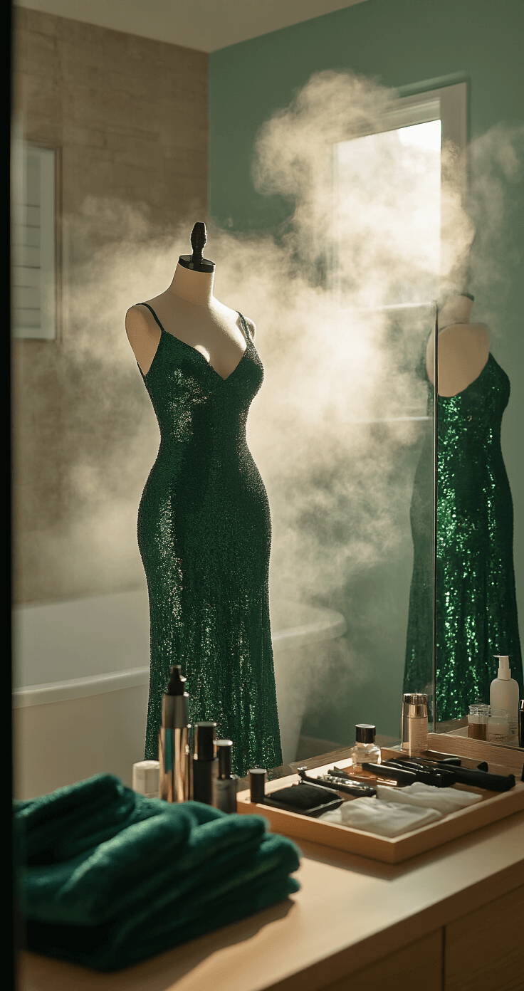 A stylish bathroom featuring a forest green sequin mini dress on a dress form, illuminated by bright midday light. A premium steamer releases gentle mist nearby, enhancing the scene, while an organized vanity showcases recommended undergarments and styling tools.